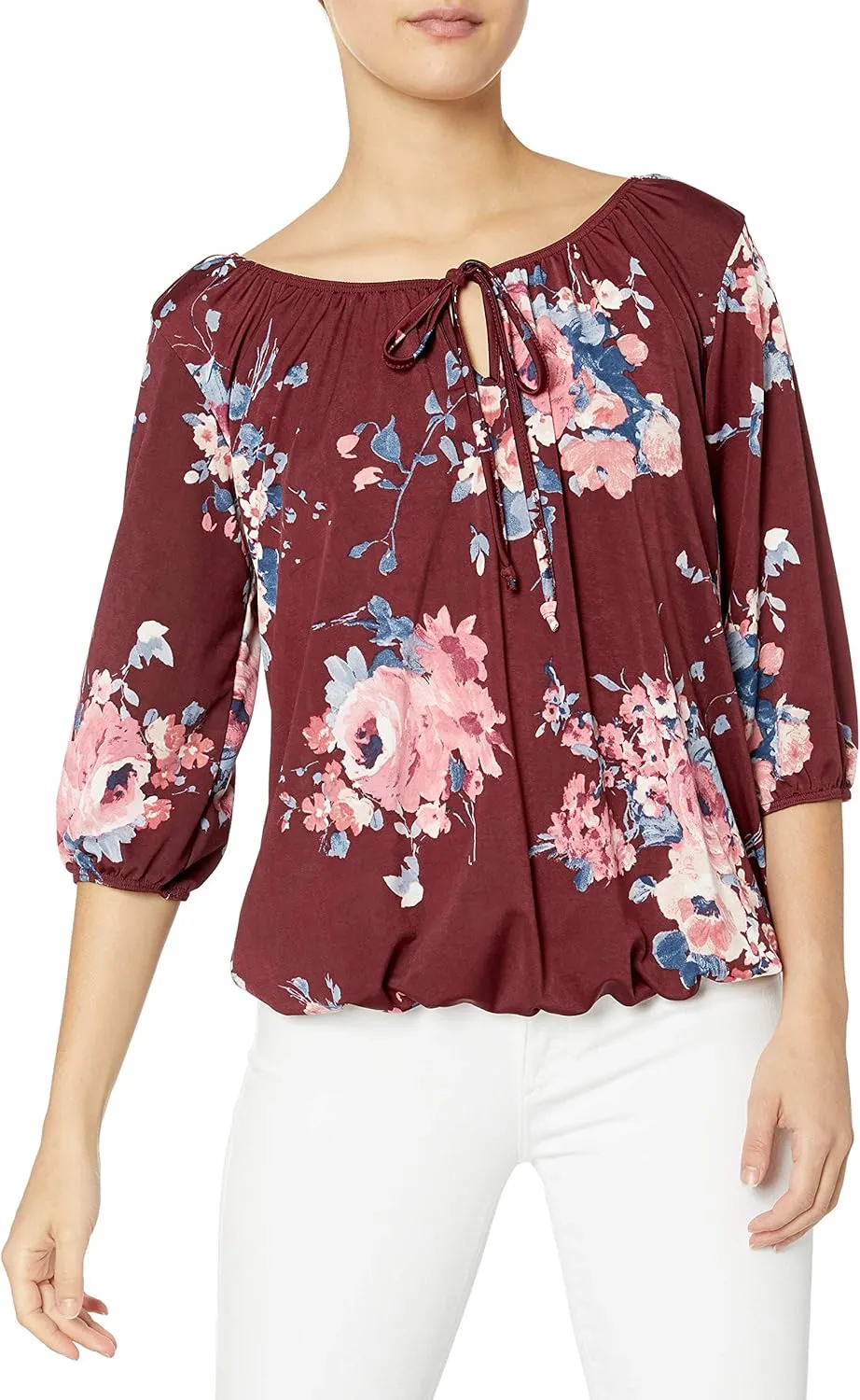 Star Vixen Women's 3/4 Sleeve, Front Tie Peasant Top