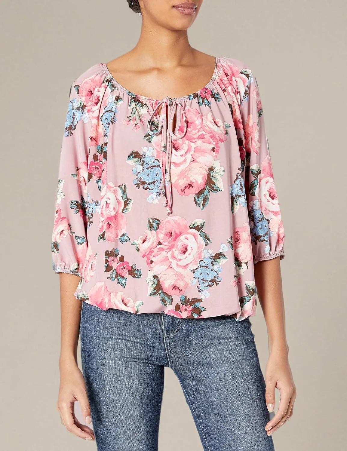 Star Vixen Women's 3/4 Sleeve, Front Tie Peasant Top