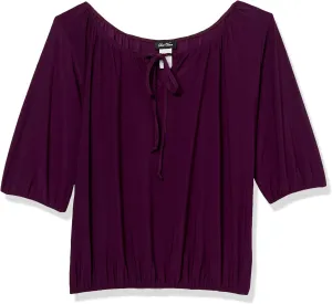 Star Vixen Women's Petite 3/4 Sleeve Peasant Elastic-Hem Keyhole-tie Top
