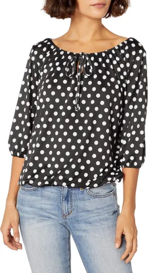 Star Vixen Women's Petite 3/4 Sleeve Peasant Top with Keyhole Tie and Elastic Bottom Hem, Black Dot, PS