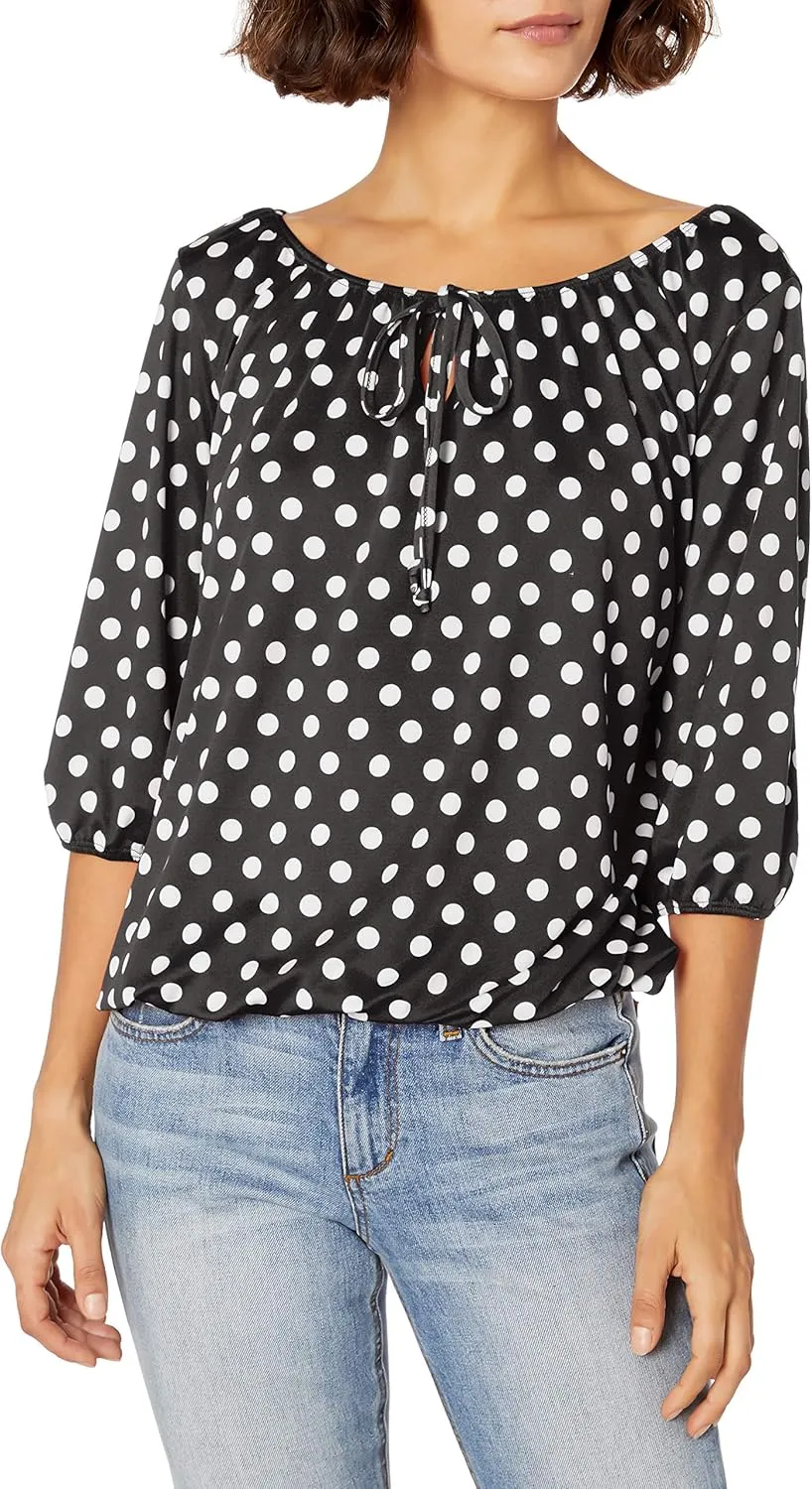 Star Vixen Women's Petite 3/4 Sleeve Peasant Top with Keyhole Tie and Elastic Bottom Hem, Black Dot, PS