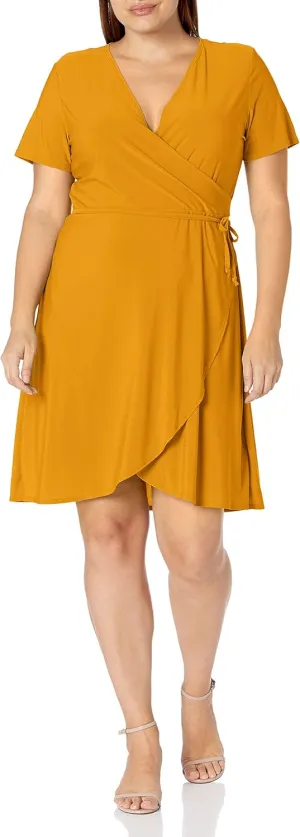 Star Vixen Women's Petite Short Sleeve Ballerina Wrap Dress, Mustard, PS