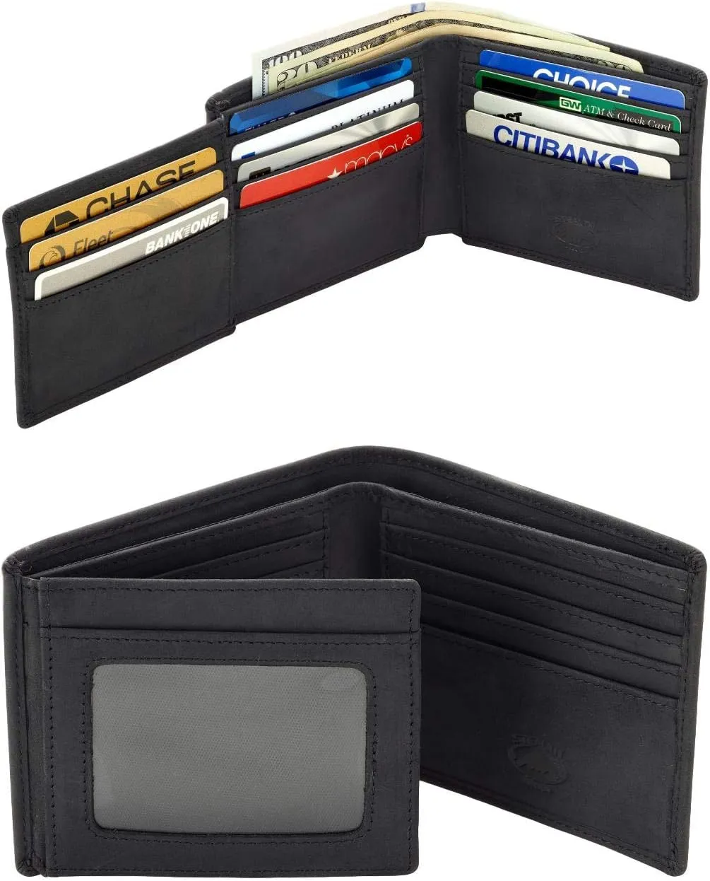 Stealth Mode Leather Bifold Wallet for Men - RFID Blocking, 11 Card Slots, Gift Box