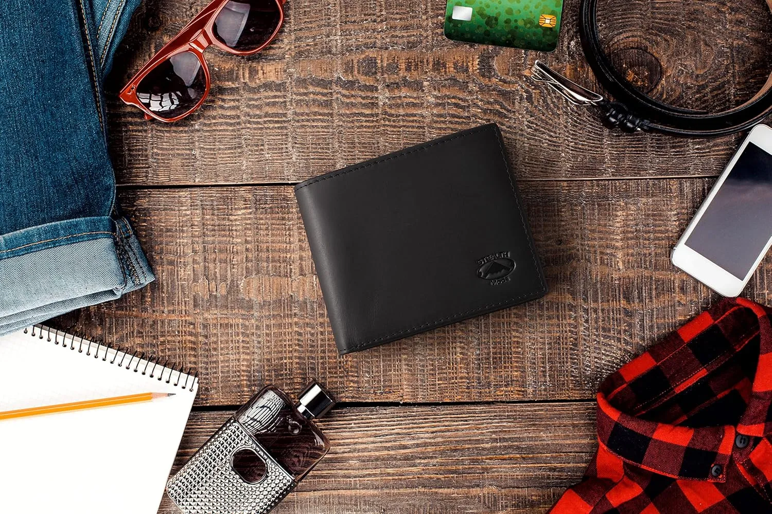 Stealth Mode Leather Bifold Wallet for Men - RFID Blocking, 11 Card Slots, Gift Box