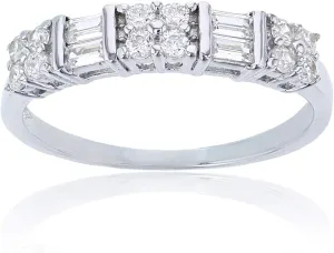 Sterling Silver Alternating Baguette & Round Cut Cubic Zirconia Anniversary Band Ring | Simulated Diamond Flawless VVS Cubic Zirconia | Sizes 6-9 | Wedding Anniversary Band for Women