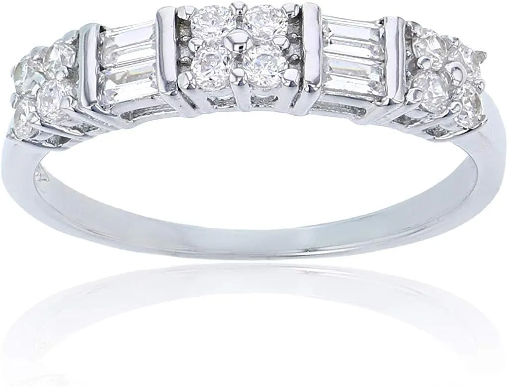 Sterling Silver Alternating Baguette & Round Cut Cubic Zirconia Anniversary Band Ring | Simulated Diamond Flawless VVS Cubic Zirconia | Sizes 6-9 | Wedding Anniversary Band for Women