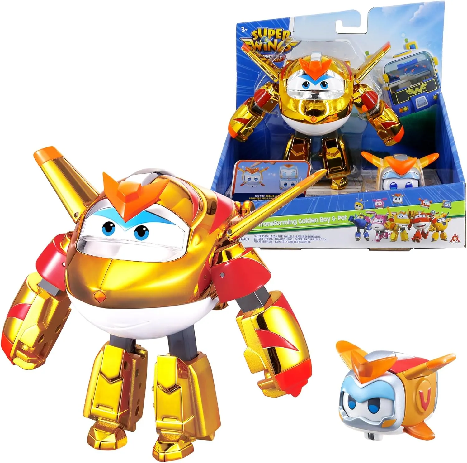 Super Wings 5" Transforming 2-Pack Supercharged Golden Boy & Super Pet with Light Effect, Season 7 Airplane to Robot Transformable Toys, Preschool Birthday Gifts for Kids 3 