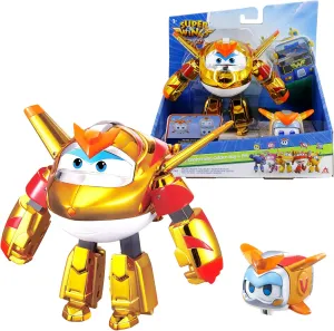 Super Wings 5" Transforming 2-Pack Supercharged Golden Boy & Super Pet with Light Effect, Season 7 Airplane to Robot Transformable Toys, Preschool Birthday Gifts for Kids 3 