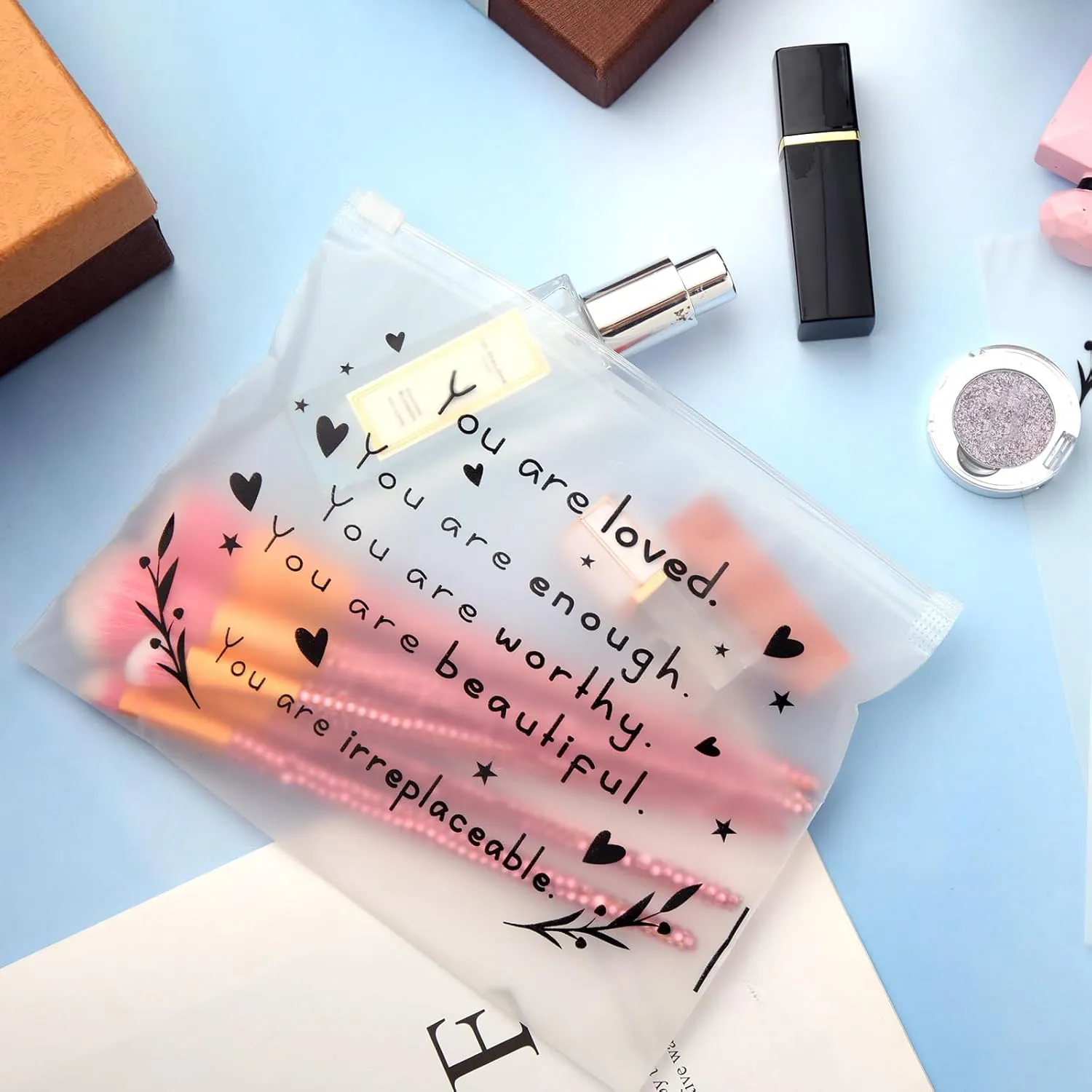 Sweetude 100 Pcs Bulk Inspirational Gifts for Women Worker Nurse Travel Makeup Bags You Are Braver Awesome EVA Cosmetic Toiletry Bag Birthday Mother's Day Gift(You're Loved,8 x 6 Inch)