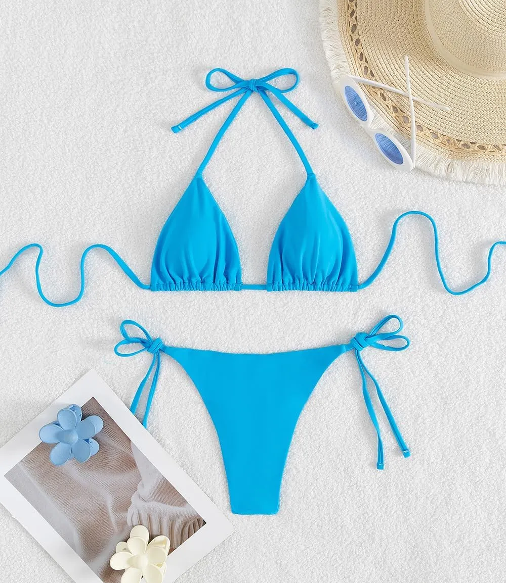 Tainehs Women's Sexy Halter Thong Bikini Tie Two Sides Bottom Triangle Bikini Swimsuits