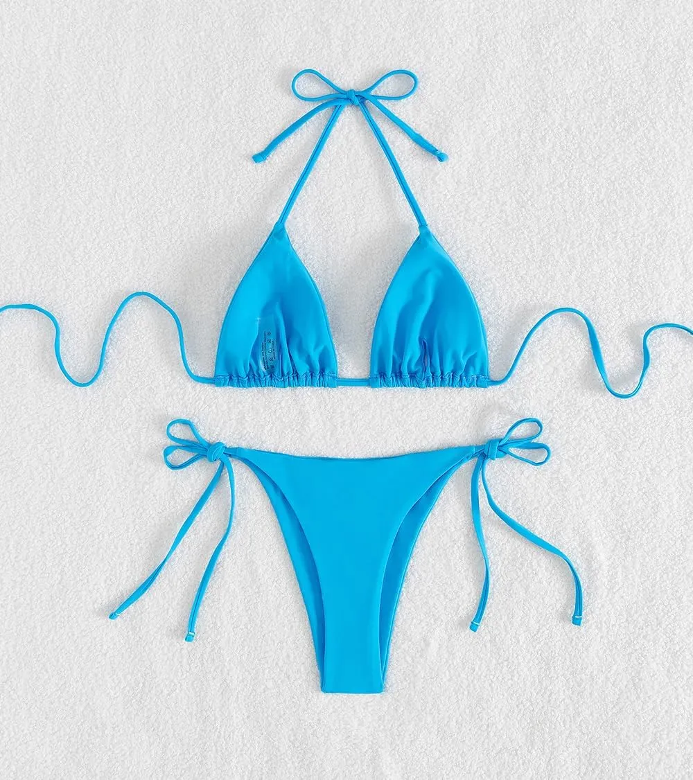 Tainehs Women's Sexy Halter Thong Bikini Tie Two Sides Bottom Triangle Bikini Swimsuits