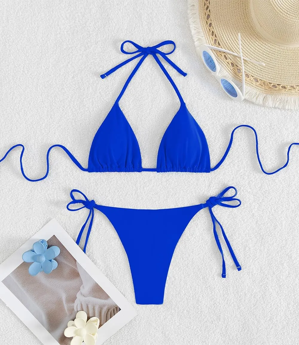 Tainehs Women's Sexy Halter Thong Bikini Tie Two Sides Bottom Triangle Bikini Swimsuits