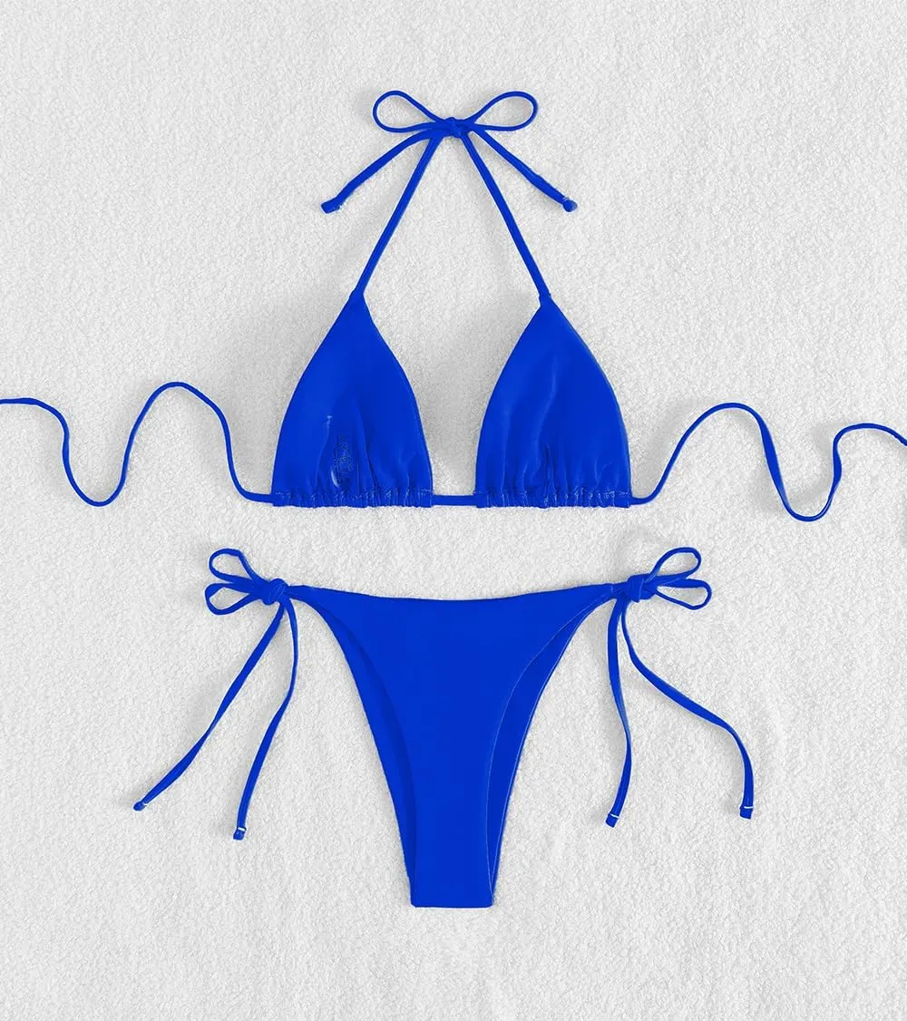 Tainehs Women's Sexy Halter Thong Bikini Tie Two Sides Bottom Triangle Bikini Swimsuits