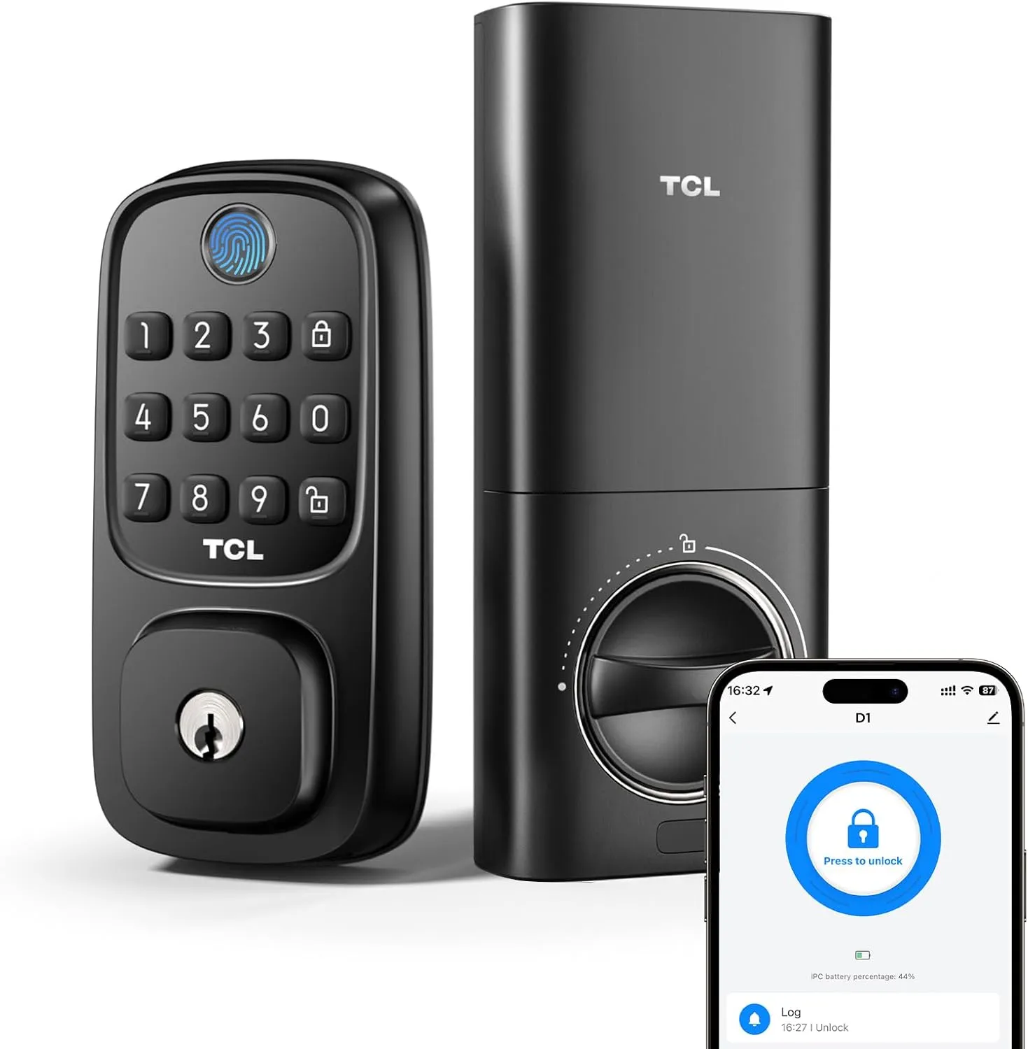TCL Smart Lock D1, Fingerprint Keyless Entry Front Door Lock with Keypad Deadbolt, Built-in WiFi, Works with Alexa, Easy Installation, App Control, Auto-Lock, Black