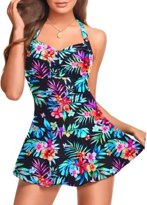 Tempt Me Women One Piece Swimsuit with Skirt Tummy Control Swim Dress Halter Vintage Bathing Suit