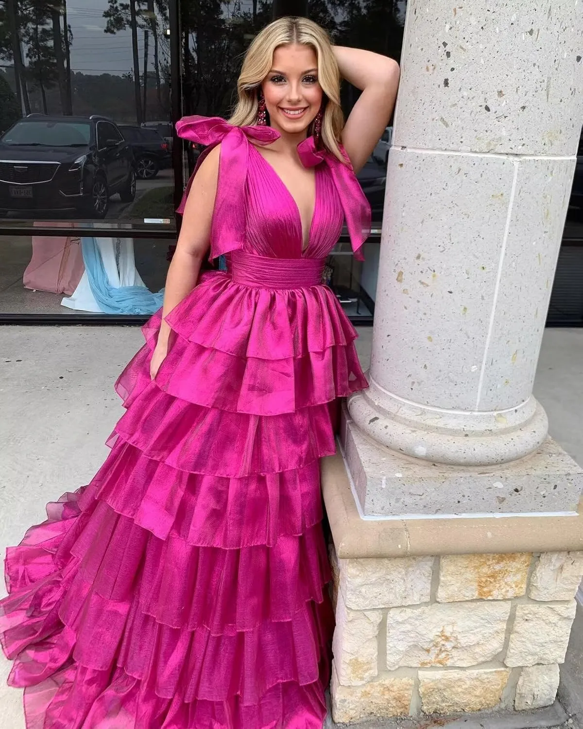 Tiered Tulle Prom Dresses for Women Long Ruffles V-Neck Formal Evening Gowns with Slit