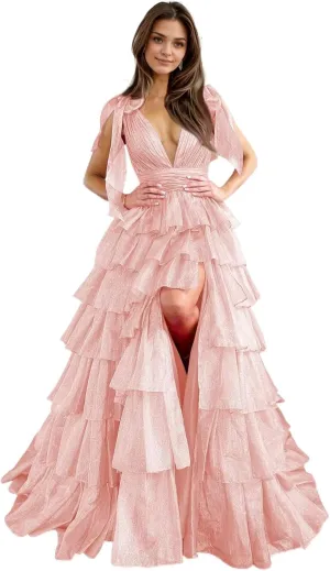 Tiered Tulle Prom Dresses for Women Long Ruffles V-Neck Formal Evening Gowns with Slit
