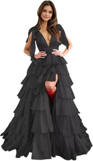 Tiered Tulle Prom Dresses for Women Long Ruffles V-Neck Formal Evening Gowns with Slit