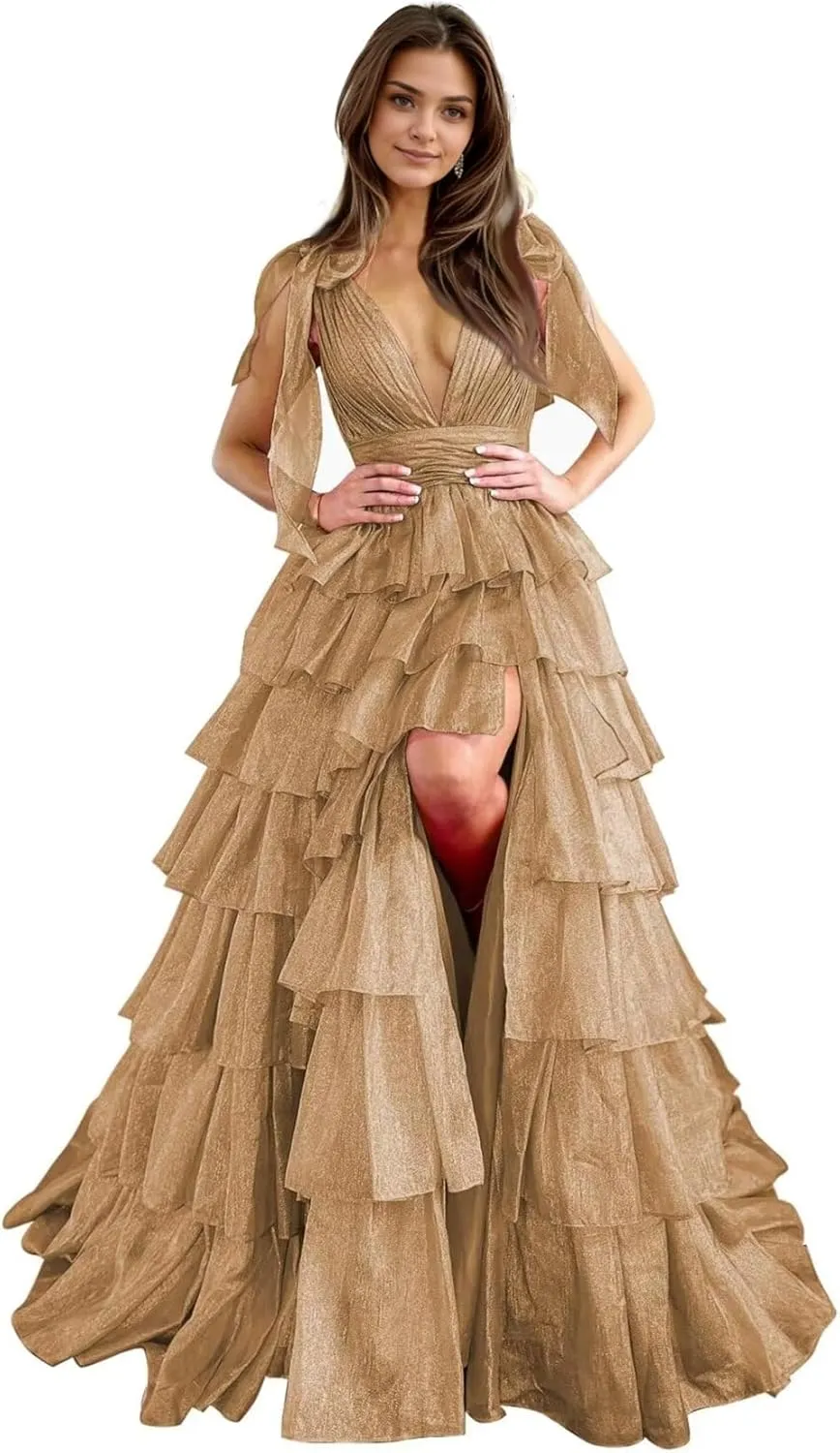 Tiered Tulle Prom Dresses for Women Long Ruffles V-Neck Formal Evening Gowns with Slit