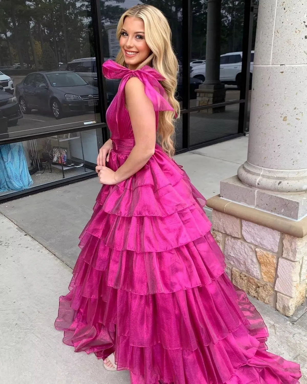 Tiered Tulle Prom Dresses for Women Long Ruffles V-Neck Formal Evening Gowns with Slit