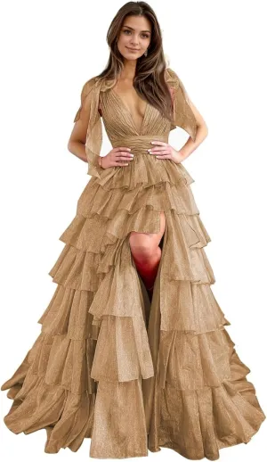 Tiered Tulle Prom Dresses for Women Long Ruffles V-Neck Formal Evening Gowns with Slit