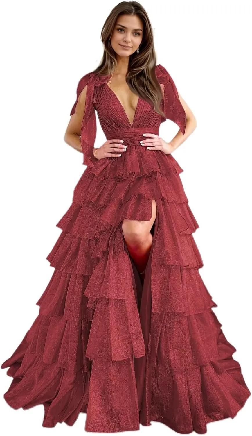 Tiered Tulle Prom Dresses for Women Long Ruffles V-Neck Formal Evening Gowns with Slit