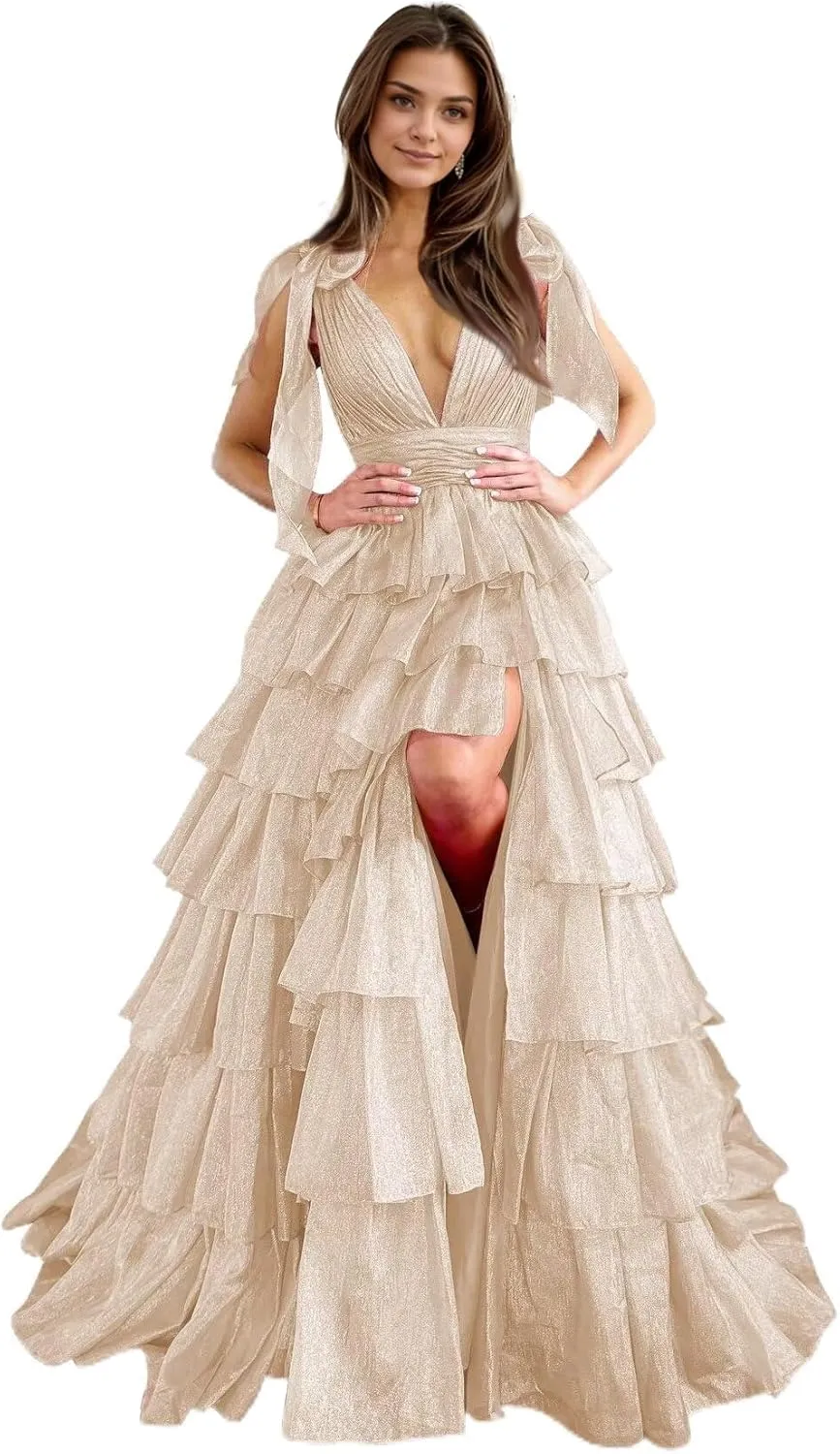 Tiered Tulle Prom Dresses for Women Long Ruffles V-Neck Formal Evening Gowns with Slit