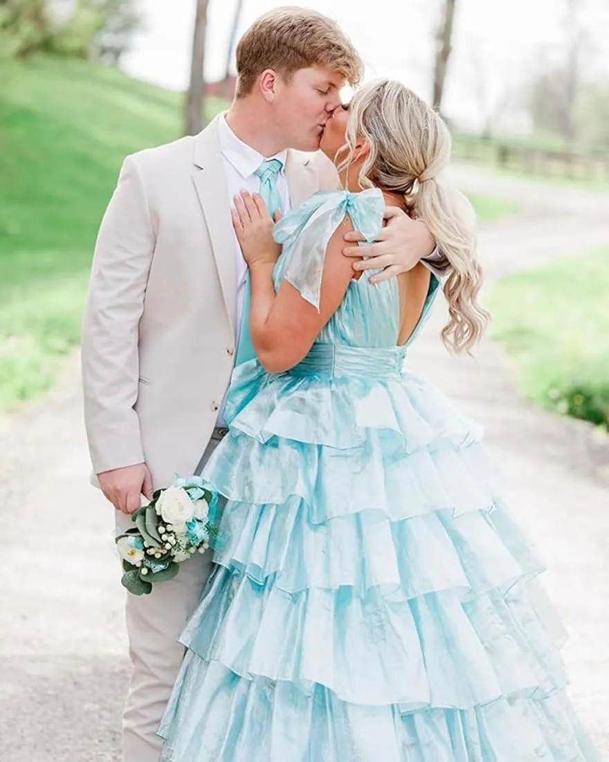 Tiered Tulle Prom Dresses for Women Long Ruffles V-Neck Formal Evening Gowns with Slit