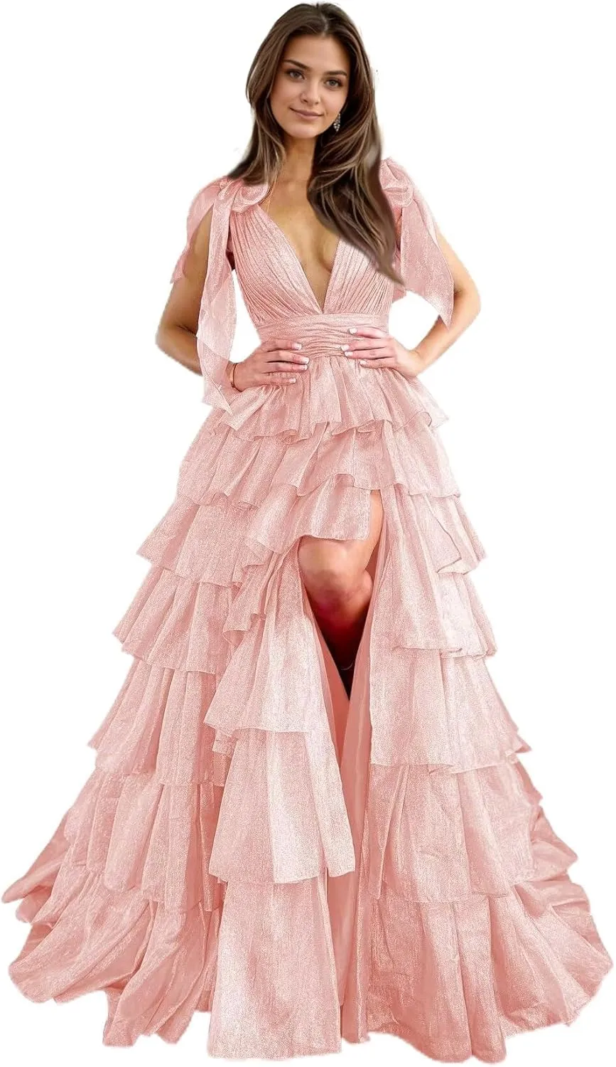 Tiered Tulle Prom Dresses for Women Long Ruffles V-Neck Formal Evening Gowns with Slit
