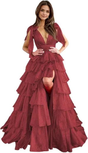 Tiered Tulle Prom Dresses for Women Long Ruffles V-Neck Formal Evening Gowns with Slit