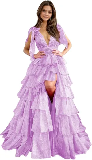 Tiered Tulle Prom Dresses for Women Long Ruffles V-Neck Formal Evening Gowns with Slit