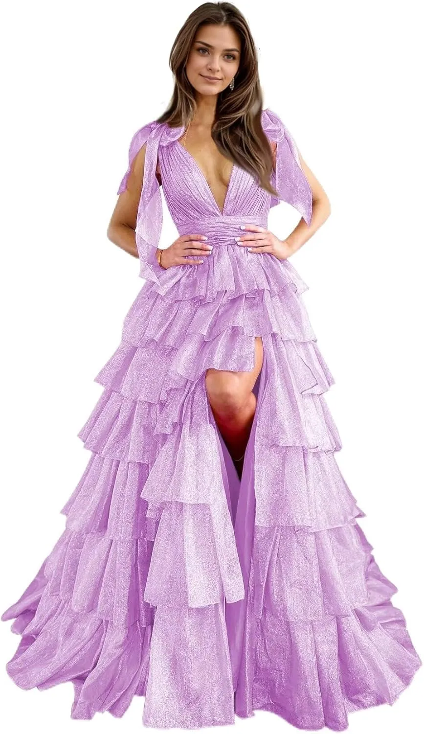 Tiered Tulle Prom Dresses for Women Long Ruffles V-Neck Formal Evening Gowns with Slit