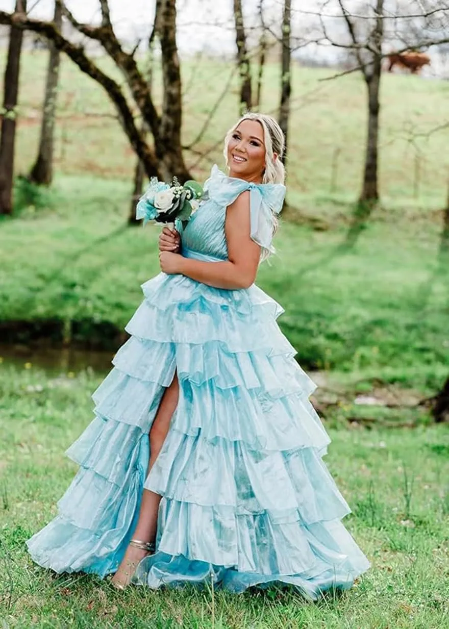 Tiered Tulle Prom Dresses for Women Long Ruffles V-Neck Formal Evening Gowns with Slit