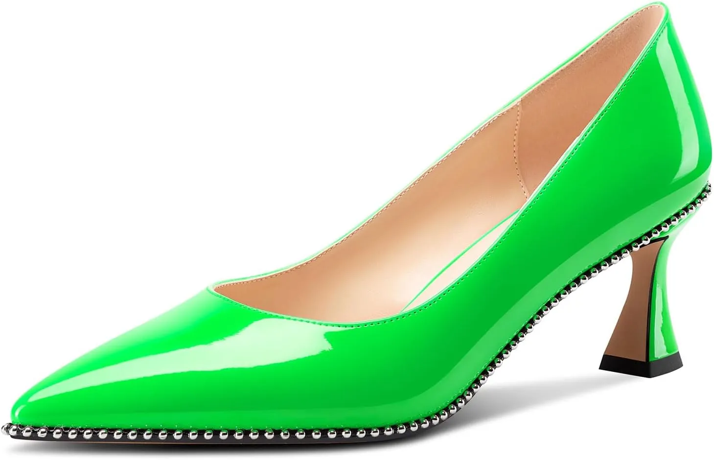 TNYNFBEB Womens Kitten Heel Pointed Toe Pumps Slip-on Sliver Beaded Prom Wedding Dress Basic Classic Patent Leather Summer 2.6 Inches Heels