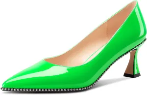 TNYNFBEB Womens Kitten Heel Pointed Toe Pumps Slip-on Sliver Beaded Prom Wedding Dress Basic Classic Patent Leather Summer 2.6 Inches Heels