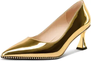 TNYNFBEB Womens Kitten Heel Pointed Toe Pumps Slip-on Sliver Beaded Prom Wedding Dress Basic Classic Patent Leather Summer 2.6 Inches Heels