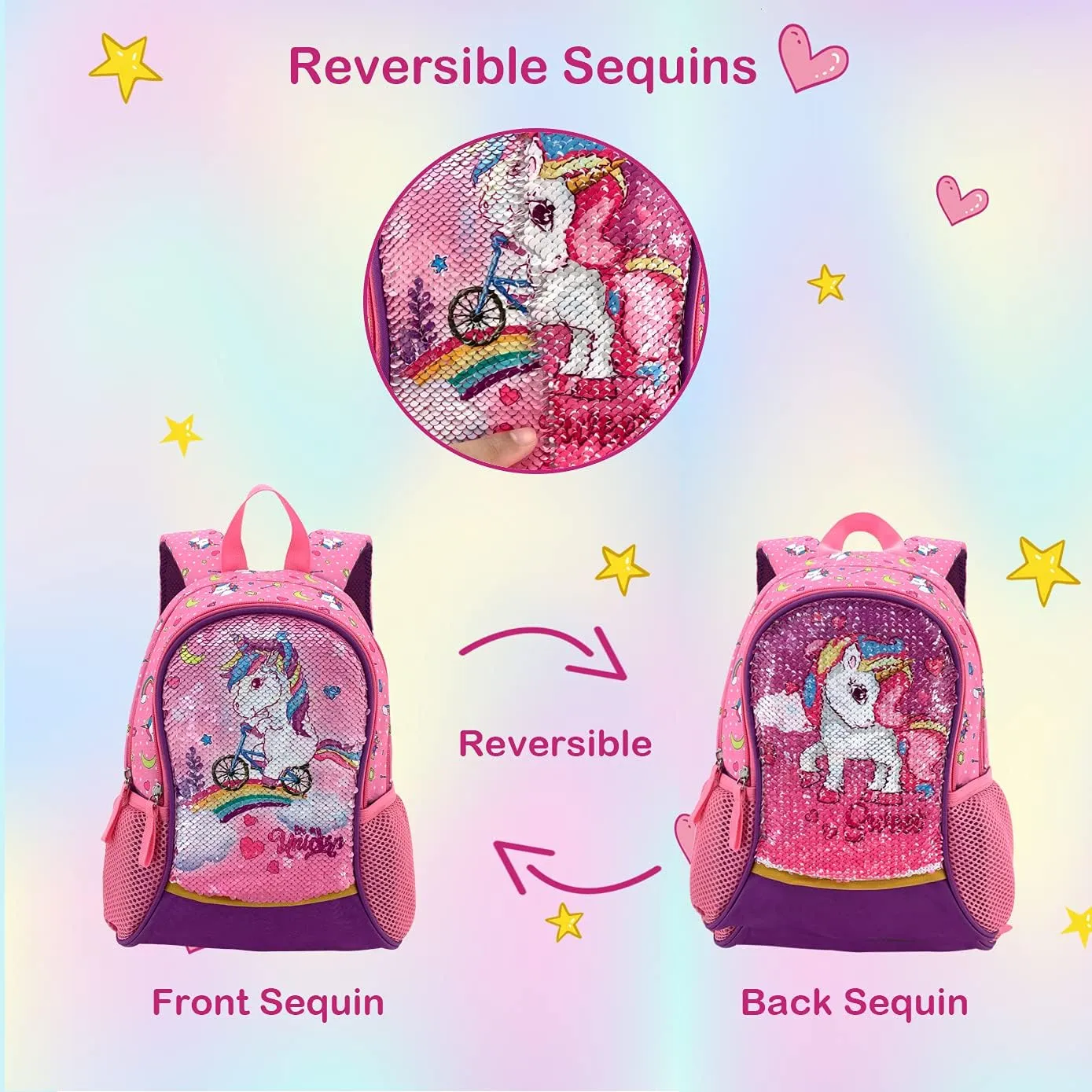 Toddler Unicorn Backpack for Girls Kids 3-5 Year Old Age 4-6 with Reversible Sequins Children Bookbag Lightweight for Preschool Kindergarten Early Elementary School Bag for little Child
