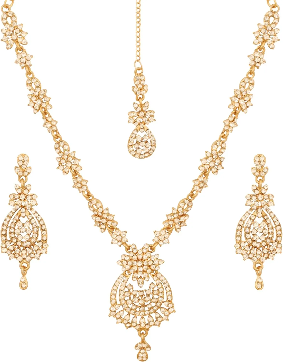 Touchstone Indian Bollywood Gorgeous intricate Workmanship Sparkling Rhinestone crystal wedding Designer Jewelry Necklace Set In Gold or Silver Tone For Women.