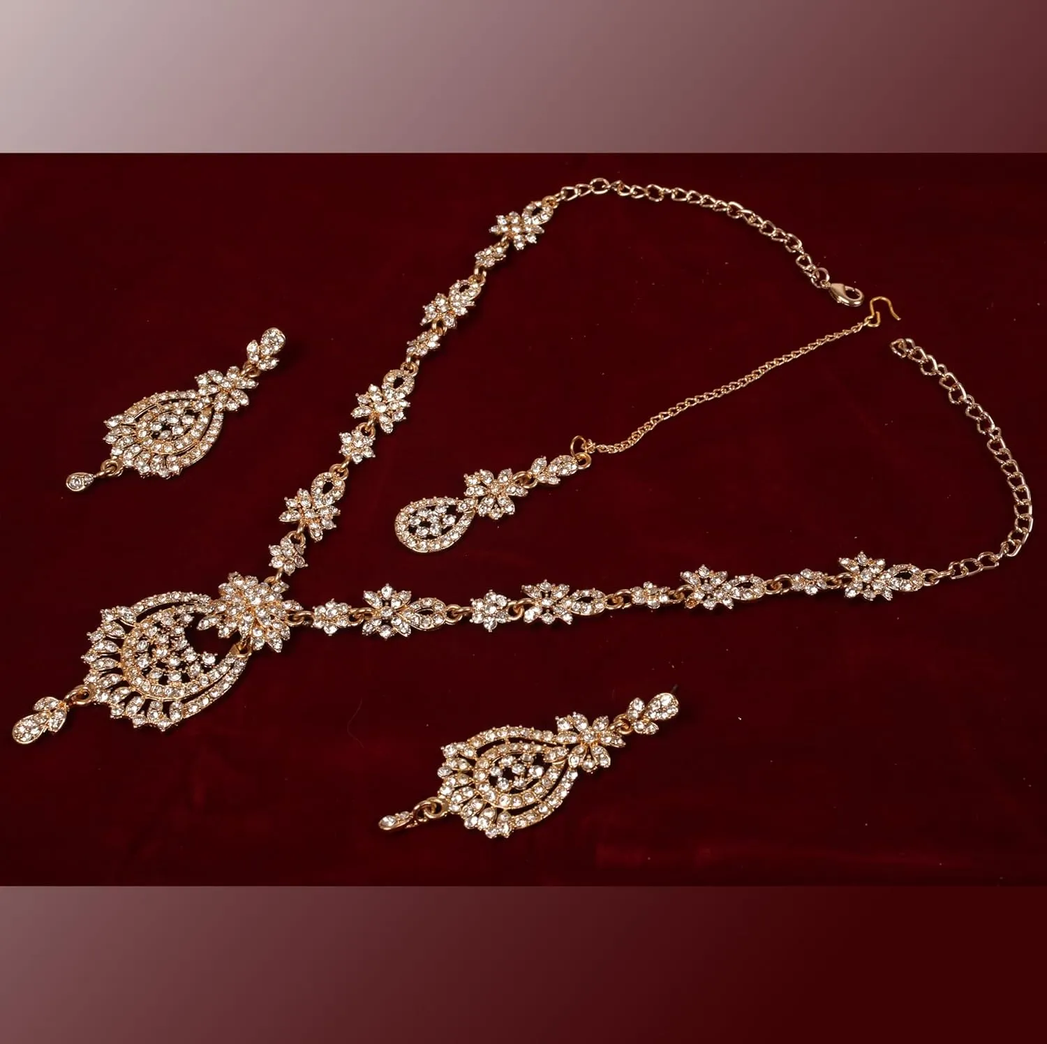 Touchstone Indian Bollywood Gorgeous intricate Workmanship Sparkling Rhinestone crystal wedding Designer Jewelry Necklace Set In Gold or Silver Tone For Women.