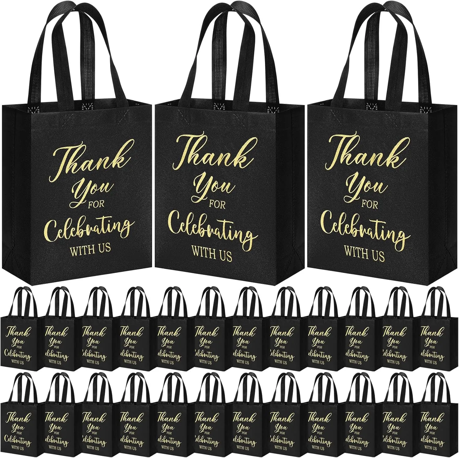 Tranqun 30 Pcs Wedding Gift Bags for Guest Reusable Non Woven Black Gold Wedding Tote Bags with Handle Thank You for Celebrating with Us Party Favors for Bridal Shower Party Supplies