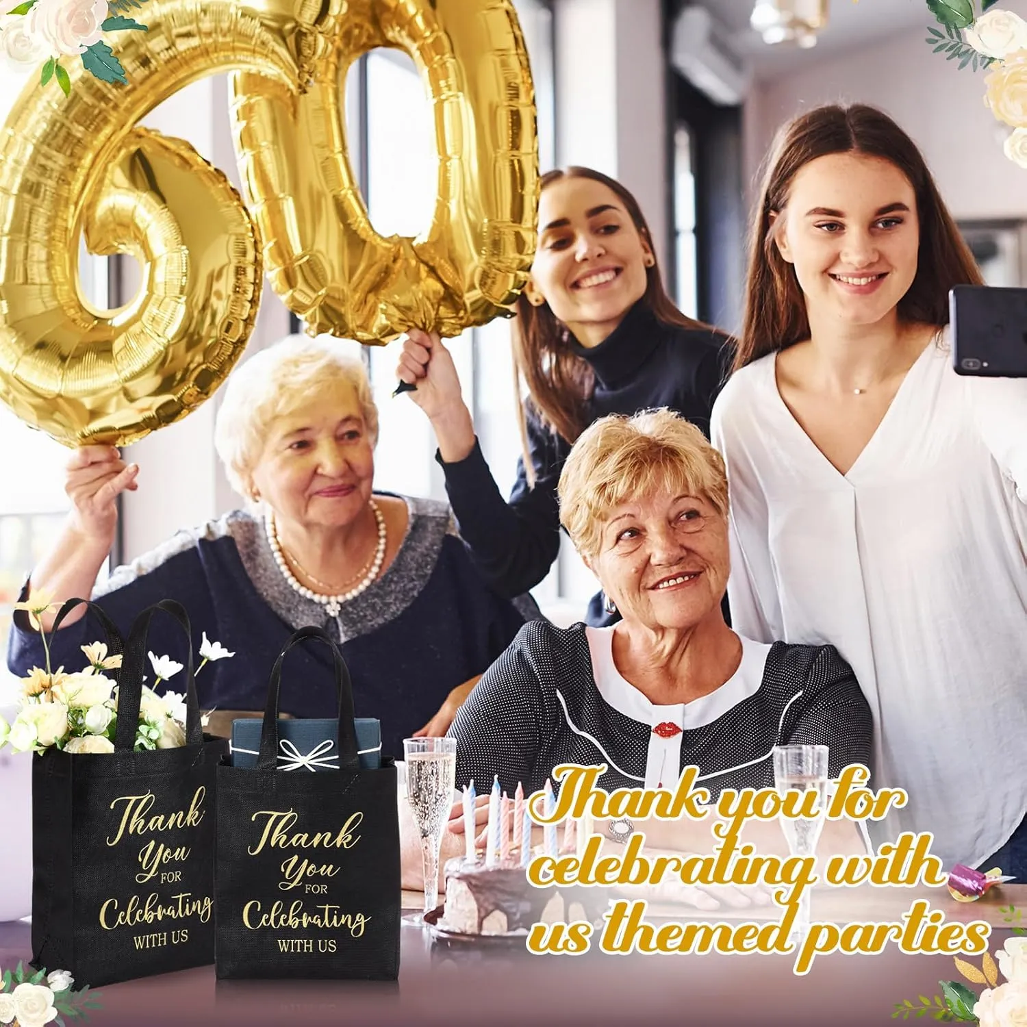 Tranqun 30 Pcs Wedding Gift Bags for Guest Reusable Non Woven Black Gold Wedding Tote Bags with Handle Thank You for Celebrating with Us Party Favors for Bridal Shower Party Supplies