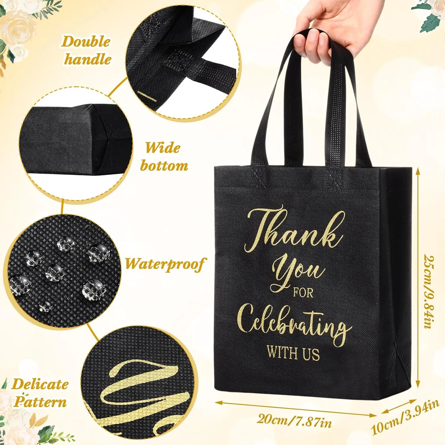 Tranqun 30 Pcs Wedding Gift Bags for Guest Reusable Non Woven Black Gold Wedding Tote Bags with Handle Thank You for Celebrating with Us Party Favors for Bridal Shower Party Supplies