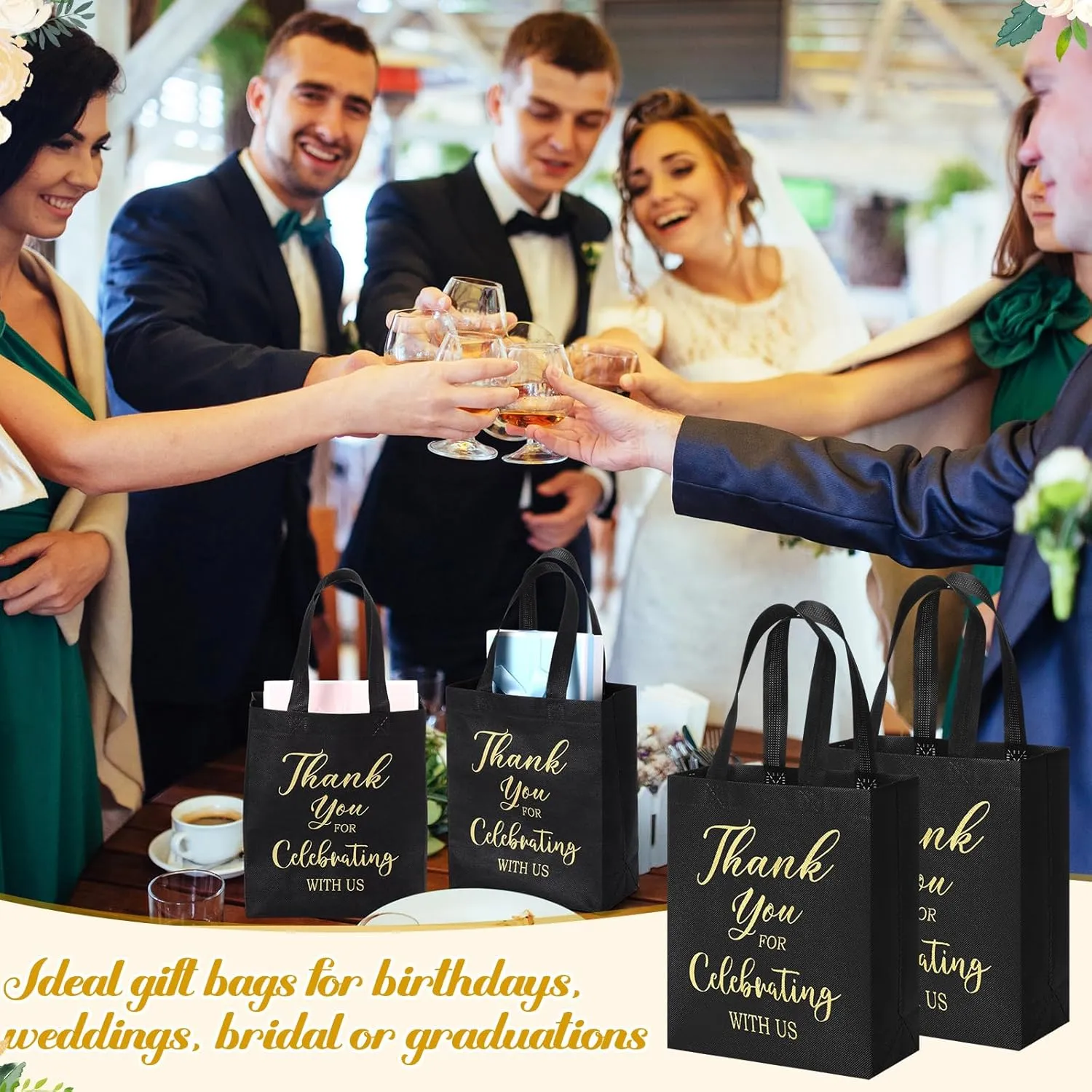 Tranqun 30 Pcs Wedding Gift Bags for Guest Reusable Non Woven Black Gold Wedding Tote Bags with Handle Thank You for Celebrating with Us Party Favors for Bridal Shower Party Supplies