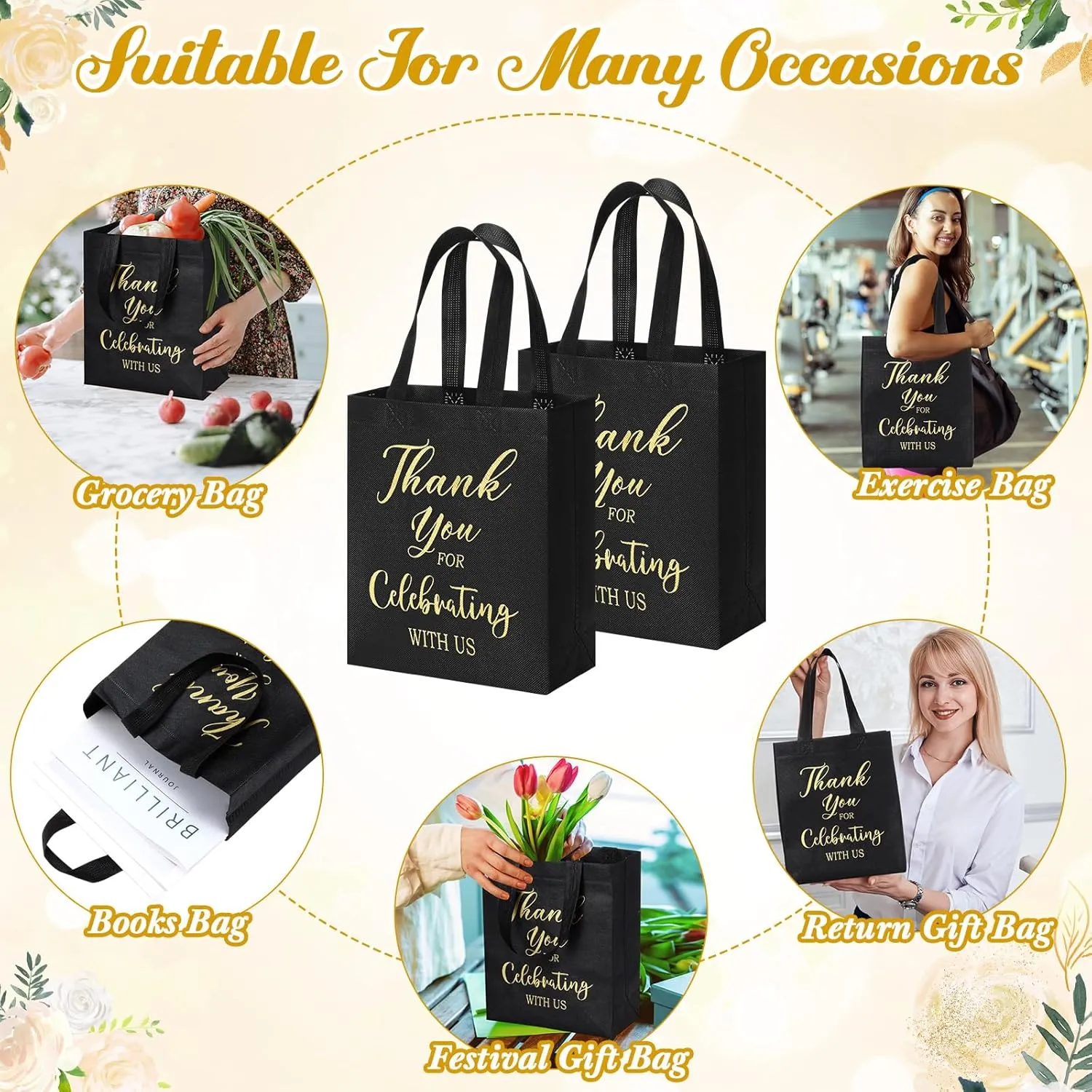 Tranqun 30 Pcs Wedding Gift Bags for Guest Reusable Non Woven Black Gold Wedding Tote Bags with Handle Thank You for Celebrating with Us Party Favors for Bridal Shower Party Supplies