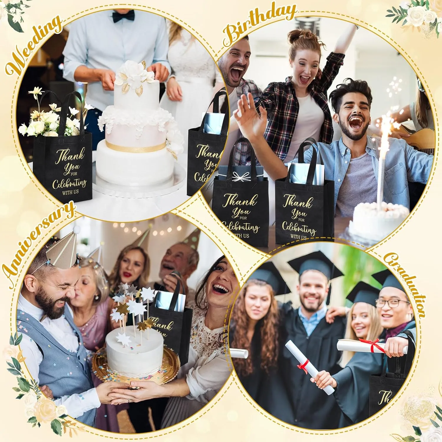 Tranqun 30 Pcs Wedding Gift Bags for Guest Reusable Non Woven Black Gold Wedding Tote Bags with Handle Thank You for Celebrating with Us Party Favors for Bridal Shower Party Supplies
