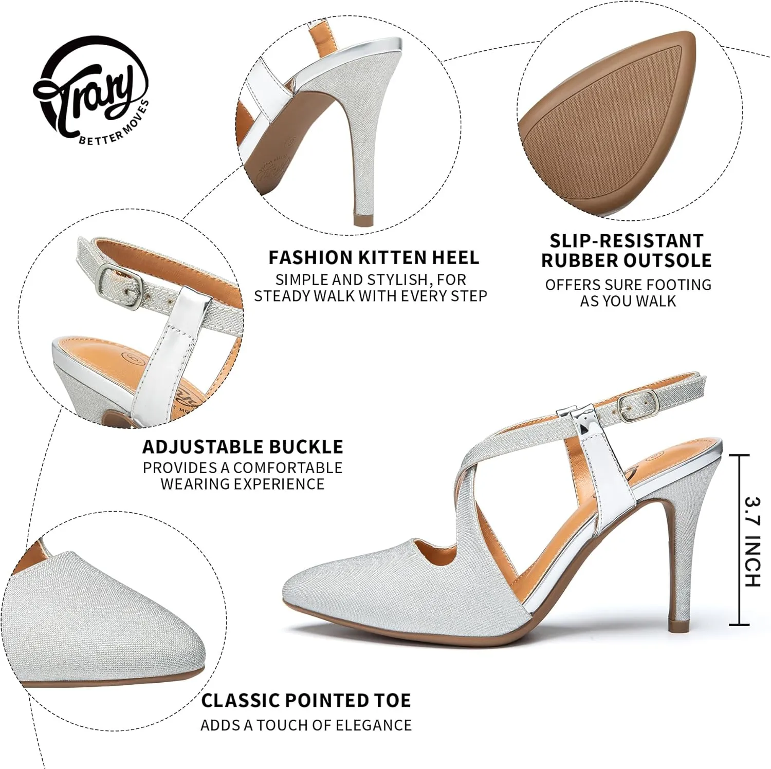 Trary Black Silver Gold Heels for Women Pointed Toe Stiletto Heels Sandals Slingback Crisscross Strap 3.7 Inches Adjustable Buckle Women's Pumps Fashion Comfortable Dress Shoes Party Prom Wedding