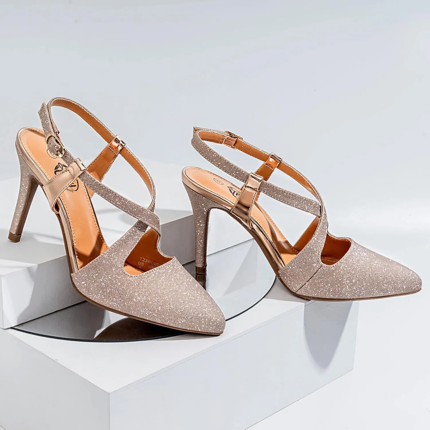 Trary Black Silver Gold Heels for Women Pointed Toe Stiletto Heels Sandals Slingback Crisscross Strap 3.7 Inches Adjustable Buckle Women's Pumps Fashion Comfortable Dress Shoes Party Prom Wedding