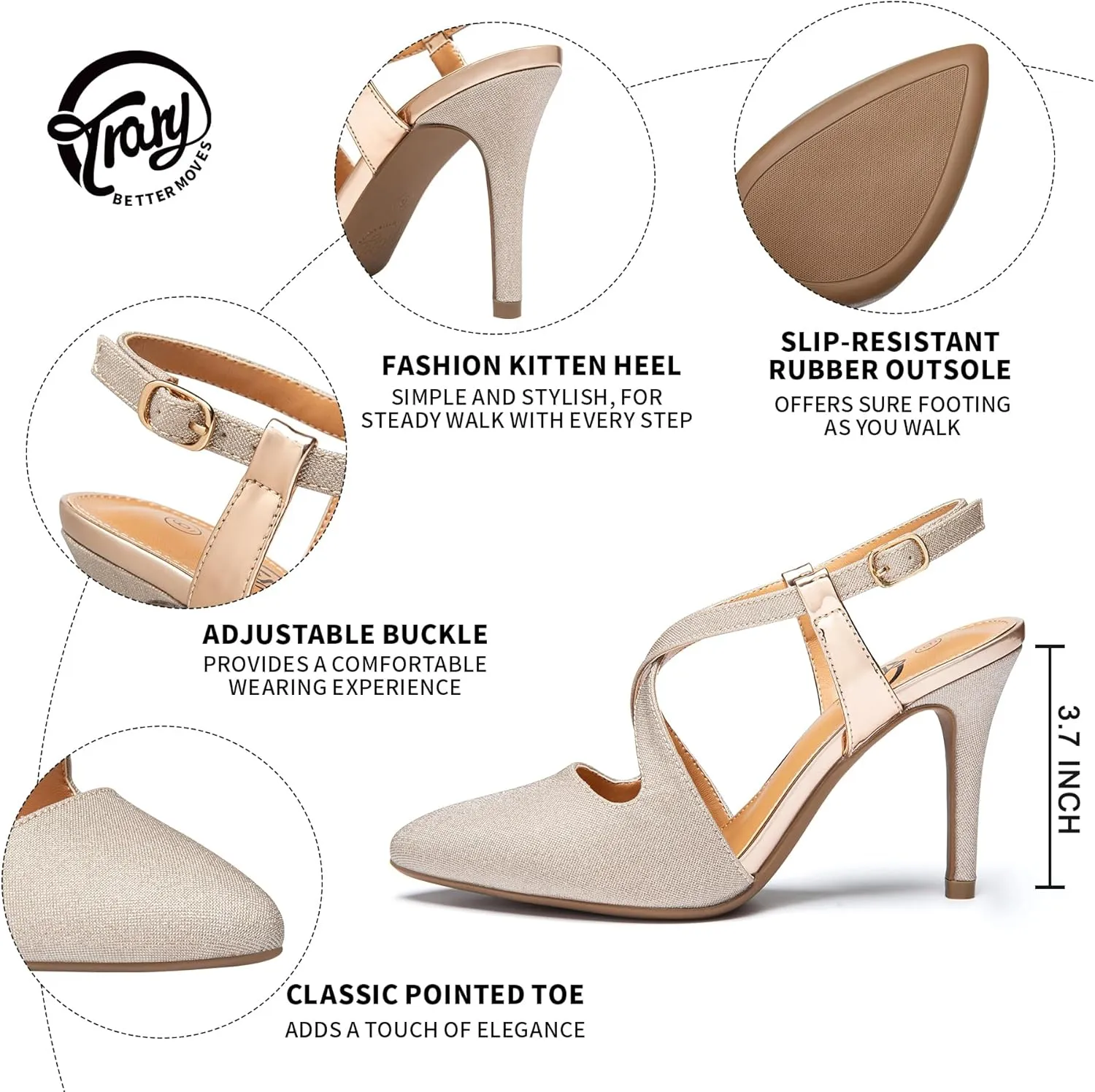 Trary Black Silver Gold Heels for Women Pointed Toe Stiletto Heels Sandals Slingback Crisscross Strap 3.7 Inches Adjustable Buckle Women's Pumps Fashion Comfortable Dress Shoes Party Prom Wedding