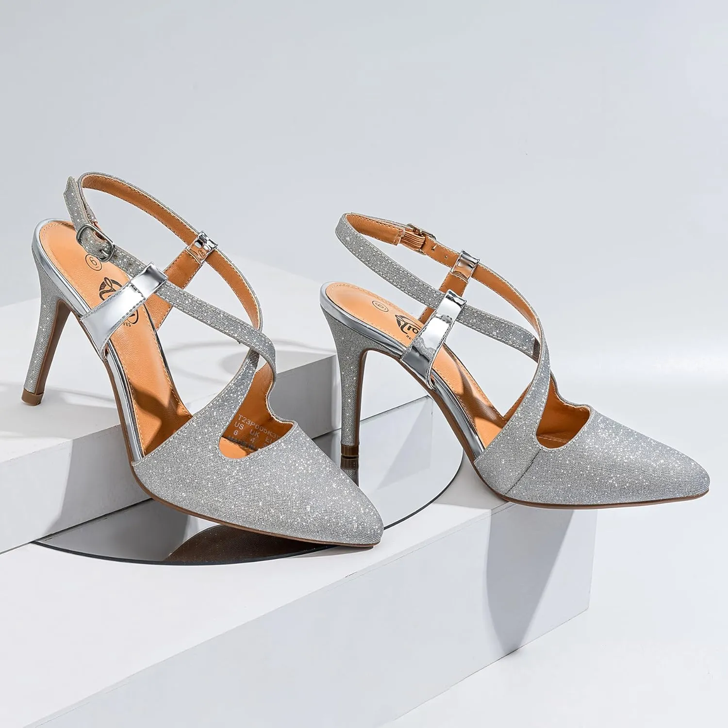 Trary Black Silver Gold Heels for Women Pointed Toe Stiletto Heels Sandals Slingback Crisscross Strap 3.7 Inches Adjustable Buckle Women's Pumps Fashion Comfortable Dress Shoes Party Prom Wedding
