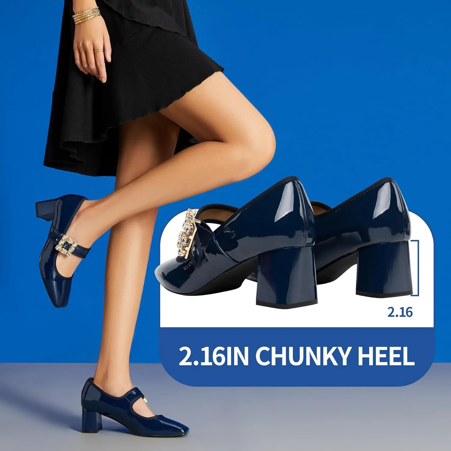Trary Mary Janes Chunky Mid Heel Pumps, Closed Square Toe Block Heels, Mary Janes Pumps for Women